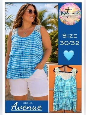 Avenue 30/32 Blue Tie Dye Layered Tank Top Plus Size NWOT Crochet Lace Trim Boho